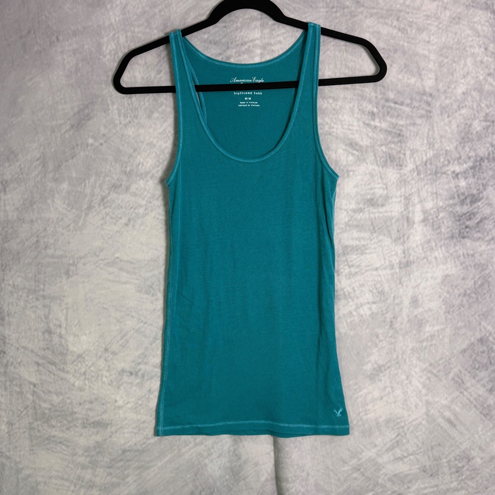 Y2K American Eagle Boyfriend Tank Top womens sz M Elena Gilbert Ribbed Turquoise